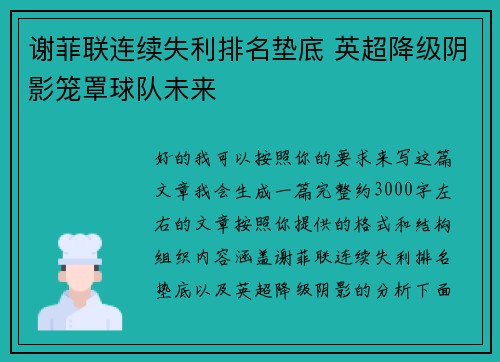 谢菲联连续失利排名垫底 英超降级阴影笼罩球队未来 谢菲联连续失利排名垫底 英超降级阴影笼罩球队未来
