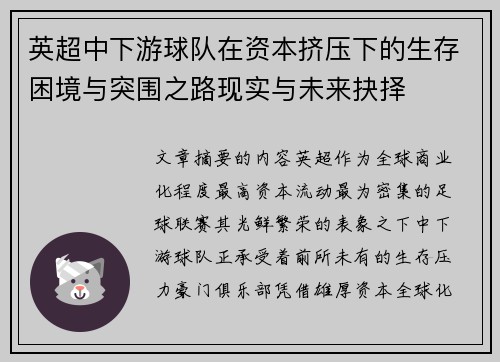 英超中下游球队在资本挤压下的生存困境与突围之路现实与未来抉择 英超中下游球队在资本挤压下的生存困境与突围之路现实与未来抉择