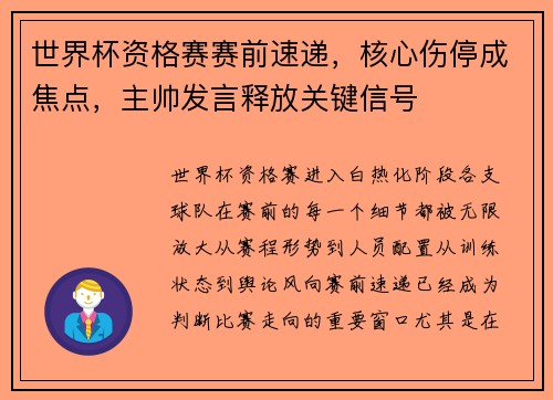 世界杯资格赛赛前速递，核心伤停成焦点，主帅发言释放关键信号